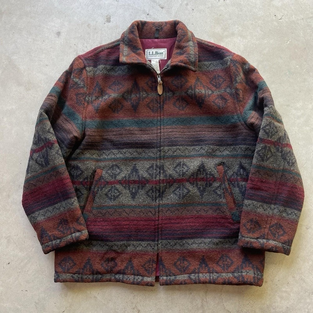 Vintage LL Bean Wool Jacket Mens M Red Southwest Aztec Pattern USA 80s chore